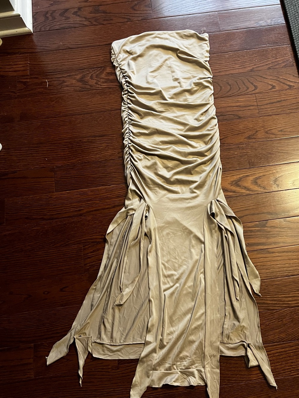 Justify Strapless Ruched Maxi Dress in Taupe